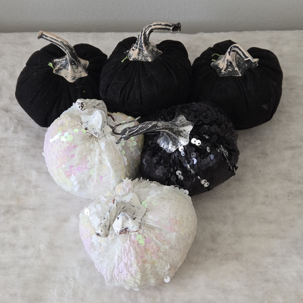 Plush Handmade Sequin Pumpkin Decor Set - Black and White Set of 6